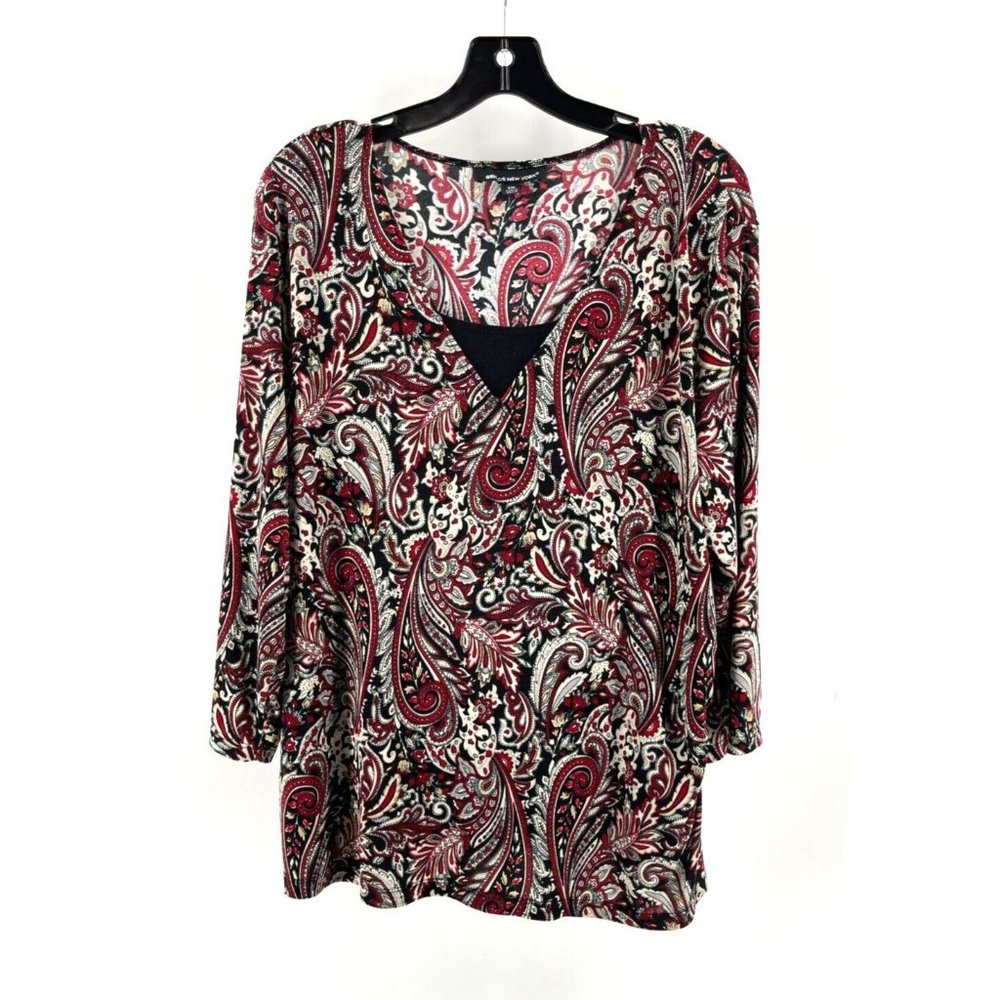 Brigg's NY Women's Plus Red Black Paisley Long Sleeve Lined Tunic Top Size 1X